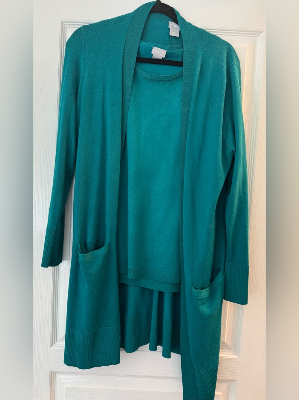 Chico's Teal Green Open-Front Cardigan with Matching Knit Tank